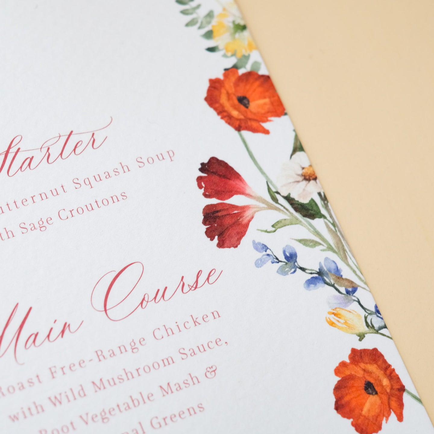 autumnal floral wedding menu burgundy, burnt orange, mustard